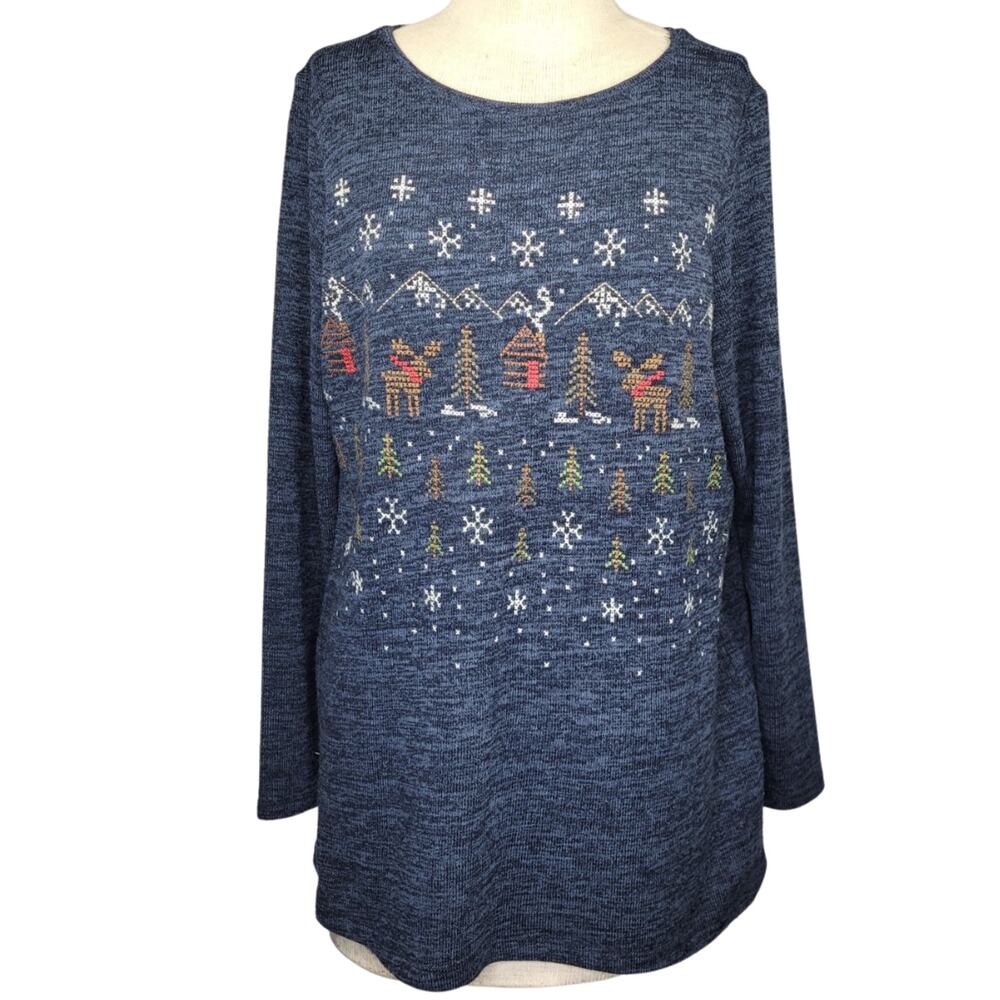 Blue Winter Snow Mountains Cabin Sweater Size Large